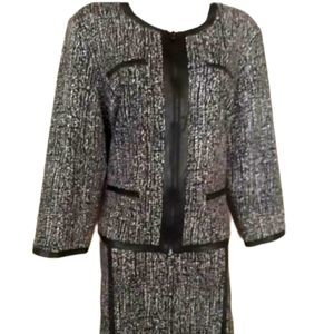 Leather Inlay Power Skirt Suit